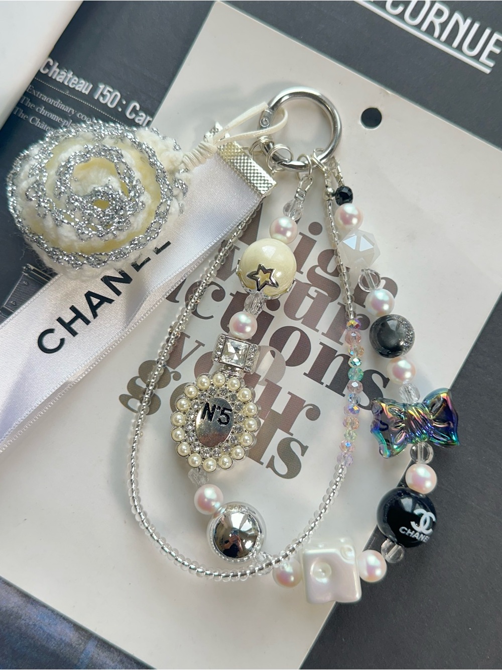 Authentic CC Camellia White, Silver & Black Pearl Perfume bottle No5 Bag Charm